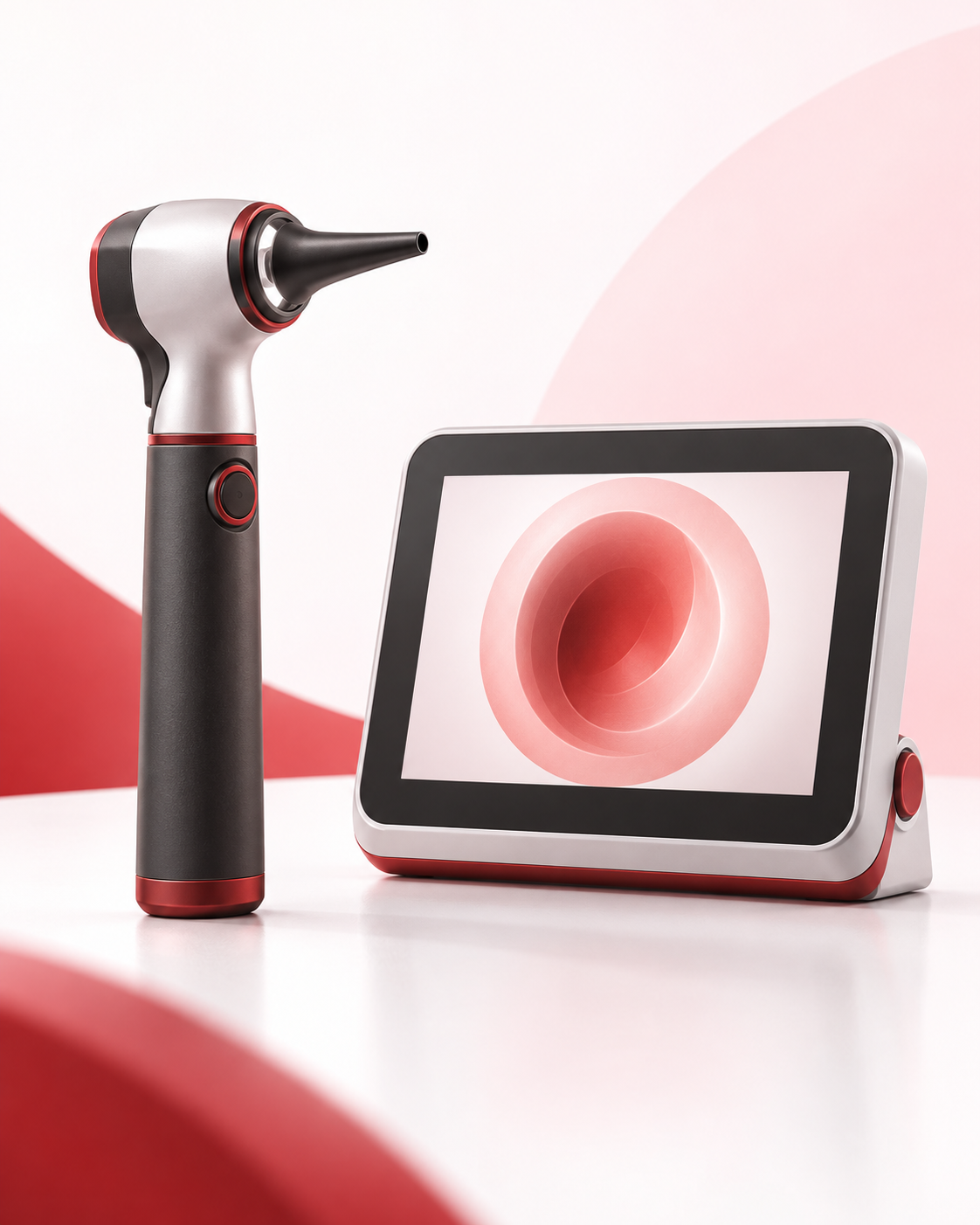 Illustration of a generic video otoscope beside an examination screen